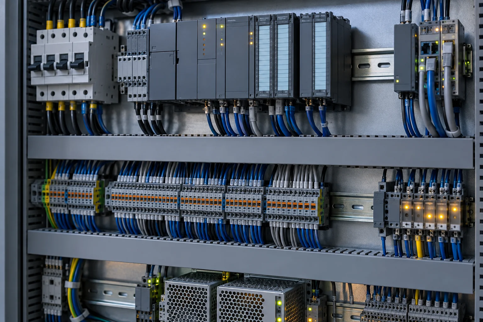 Illustrative detail of industrial control cabinet components and organized wiring
